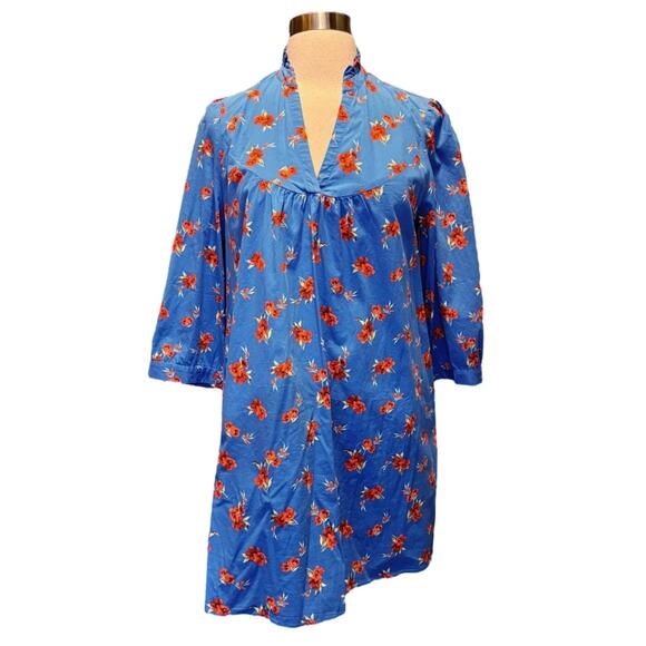 ZARA Emma Mini Tunic Dress Floral V-Neck 3/4 Sleeves Ruffled Neck Cotton Medium - Picture 3 of 10